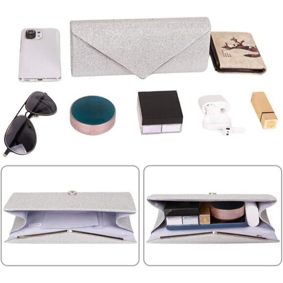 Women Sliver Larcenciel Sparkel Envelope Clutch Detachable Chain Evening bag - Picture 4 of 7